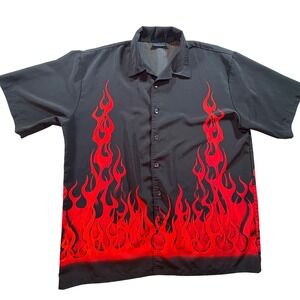 MT:2 Mens XL Black Red Flame Print Short Sleeve Button Down Bowling Shirt Y2K